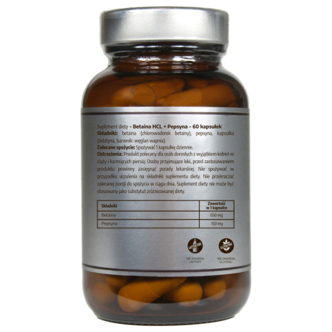 Betaina HCL + Pepsyna - 800 mg - 60 kapsułek - Pureline Nutrition Betaina HCL + Pepsyna - 800 mg - 60 kapsułek - Pureline Nutrition
